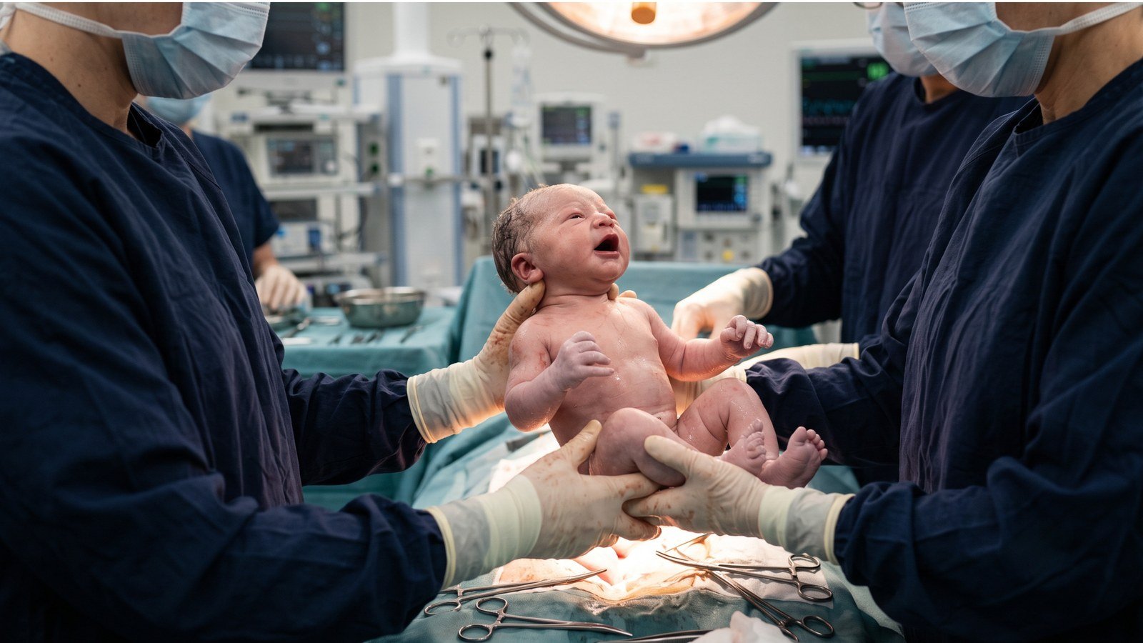 Newborn baby receiving obstetric care immediately after delivery
