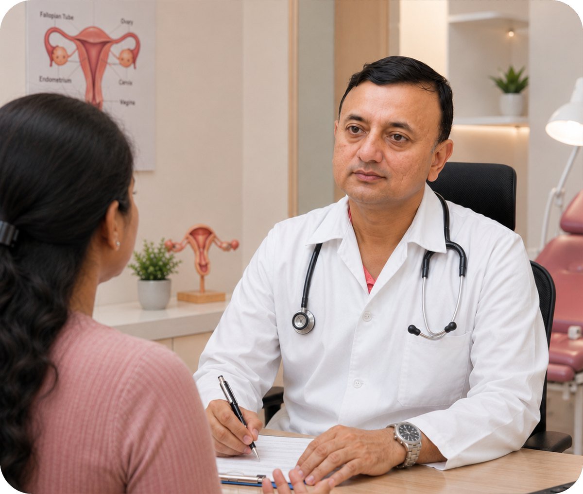 Dr. Sanjay Mazumder listening to a patient during a women&rsquo;s health consultation